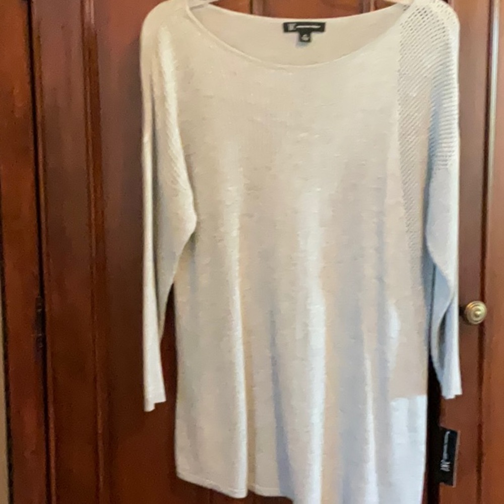 INC fancy sweater, angled bottom, netted sleeve, light gray, PL, NWT - Picture 2 of 12
